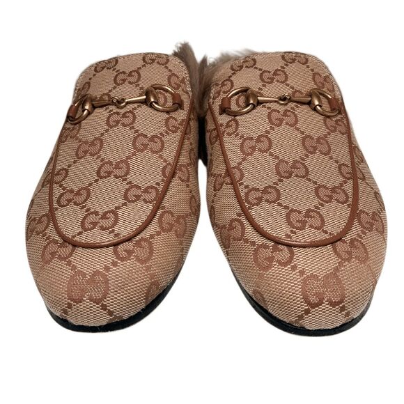 Gucci Princetown Monogram Beige GG Canvas Fur Lined Loafers Slides Size 36 - Picture 3 of 11